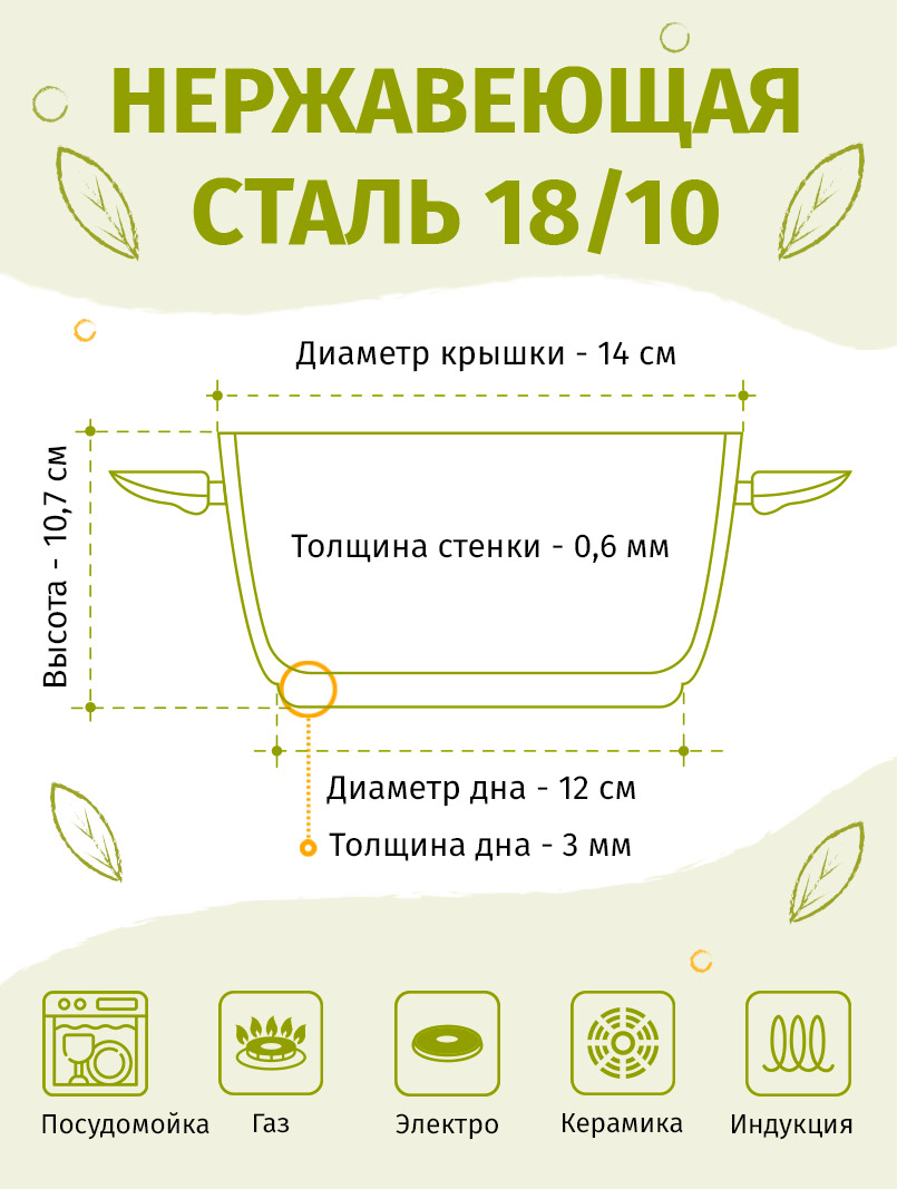 Кастрюля 14см/1,3л TIMA Дивная из нержавеющей стали 18/10 с крышкой