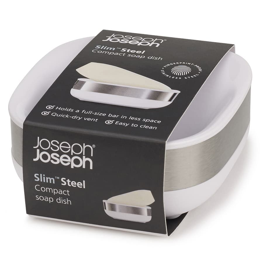 Мыльница наклонная со сливом JOSEPH JOSEPH Slim Steel белая, Англия