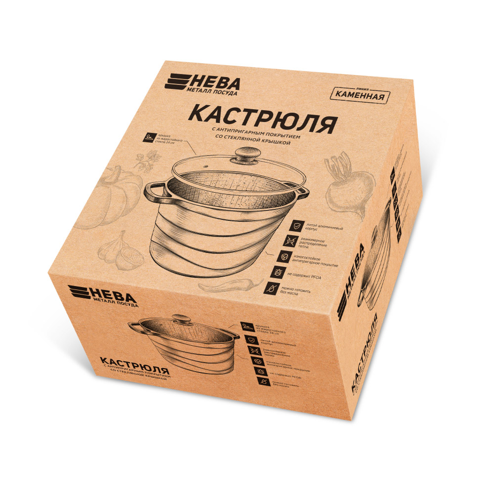 Кастрюля с крышкой 26см/6л НЕВА МЕТАЛЛ ПОСУДА Каменная, Черный Гранит антипригарное покрытие