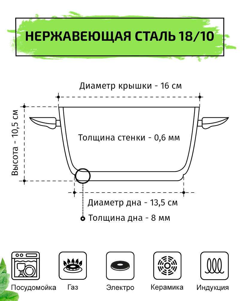 Кастрюля 16см/1,8л TIMA Элегантная из нержавеющей стали 18/10 с крышкой