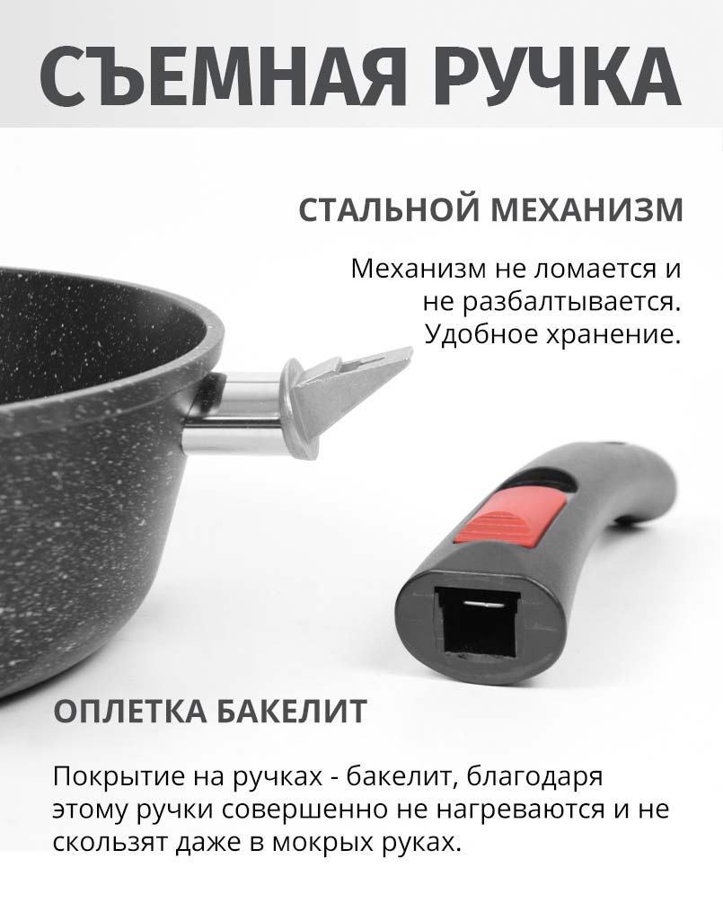 Сотейник 24см со съемной ручкой НЕВА МЕТАЛЛ ПОСУДА Каменная черный гранит высокий борт, Россия