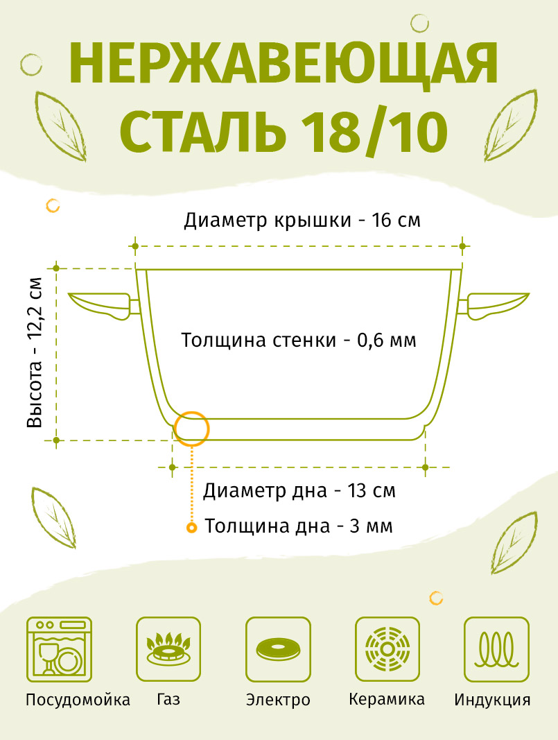 Кастрюля 16см/2,1л TIMA Дивная из нержавеющей стали 18/10 с крышкой