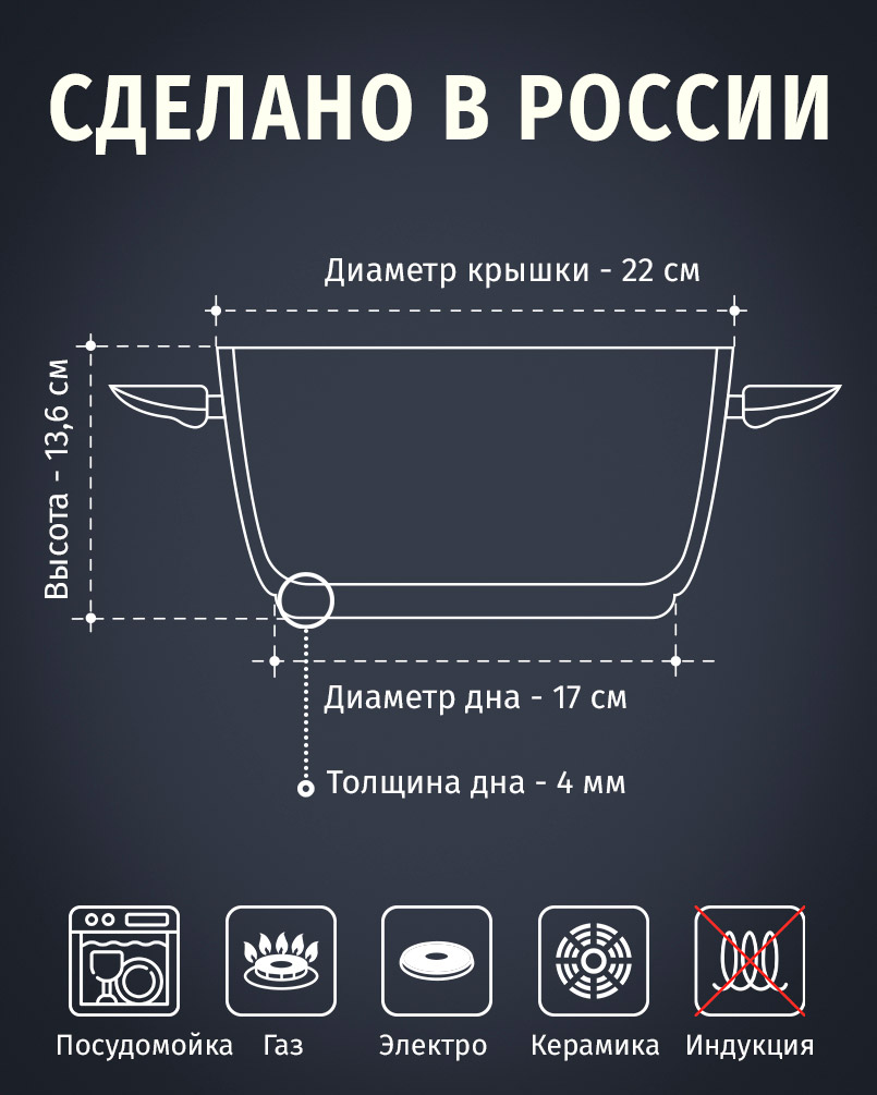 Кастрюля с крышкой 22см/4л НЕВА МЕТАЛЛ ПОСУДА Каменная, Черный Гранит антипригарное покрытие