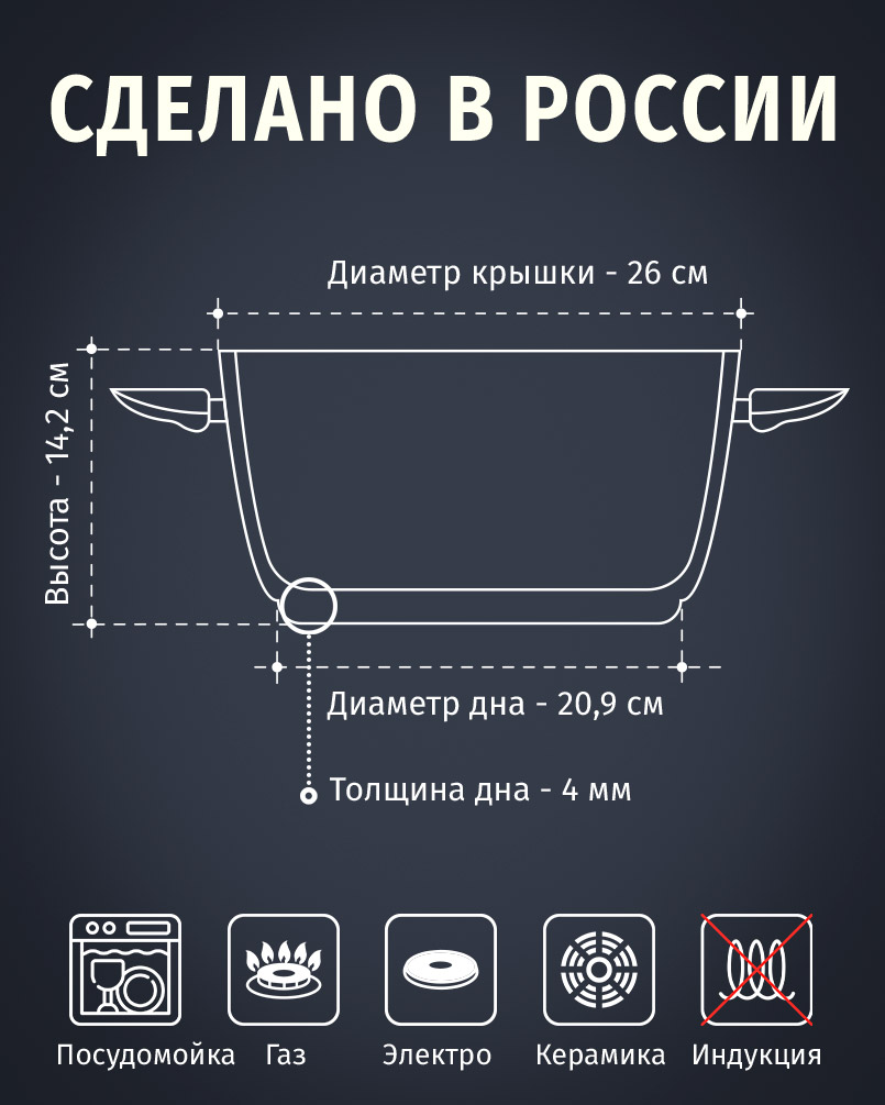 Кастрюля с крышкой 26см/6л НЕВА МЕТАЛЛ ПОСУДА Каменная, Черный Гранит антипригарное покрытие
