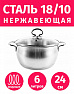 Кастрюля 24см/6л из нержавеющей стали TIMA Комфорт Матовая с крышкой